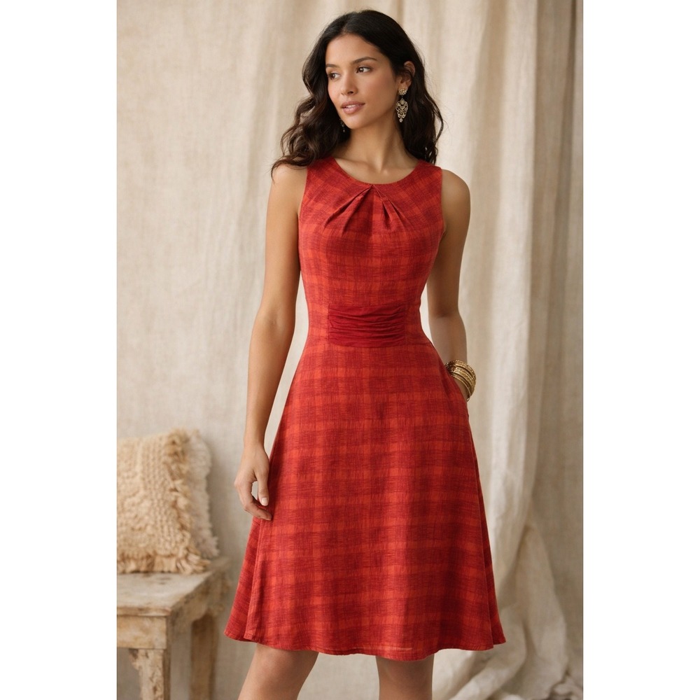 Anthropologie Girls from Savoy Red Plaid 100%‎ Silk Dress Sleeveless Bow Back 6